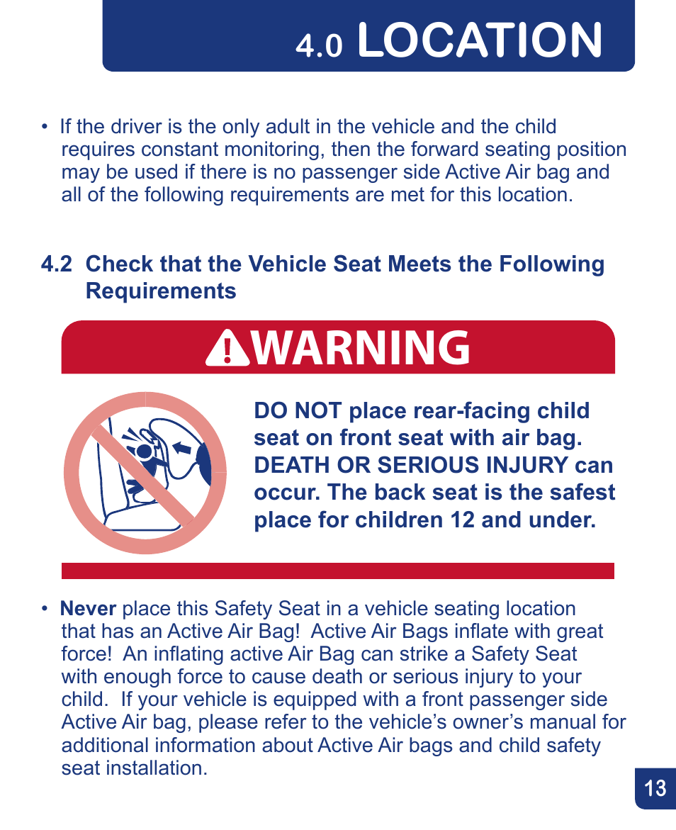 Warning, Location | Baby Trend Flex-Loc Infnat Car Seat CSO190AD809 User Manual | Page 13 / 52