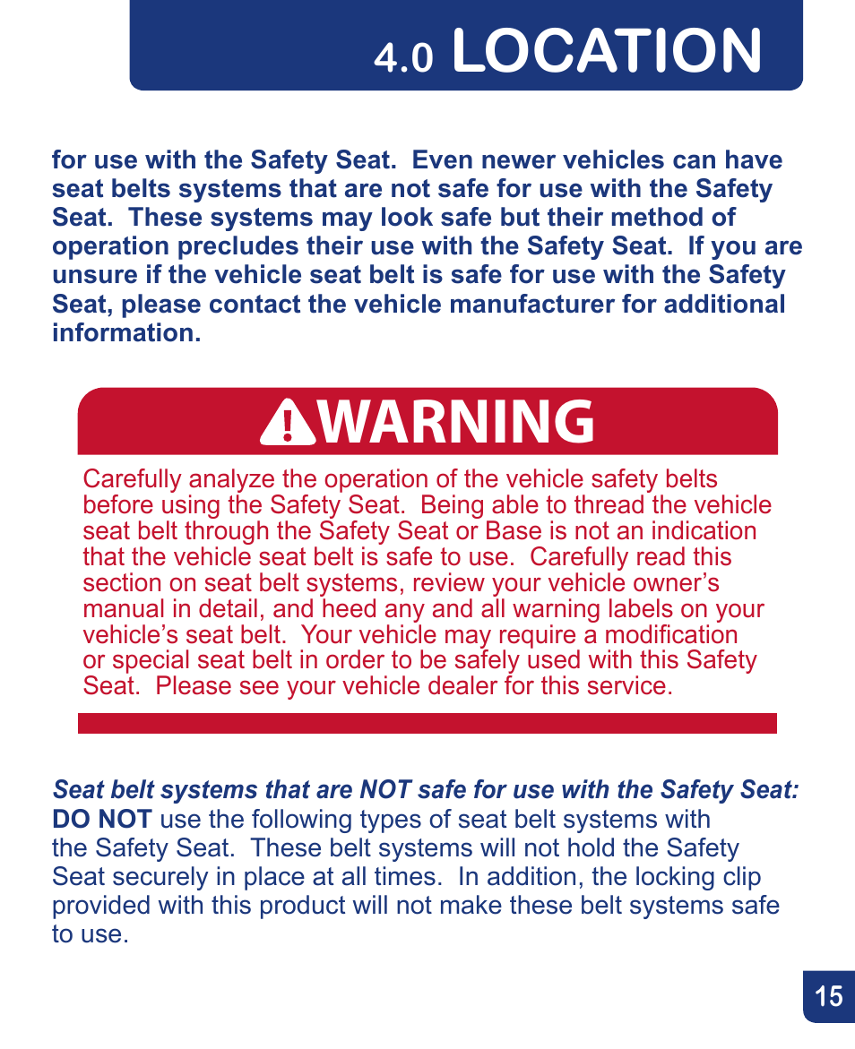 Warning, Location | Baby Trend Flex-Loc Infnat Car Seat CSO190AD809 User Manual | Page 15 / 52