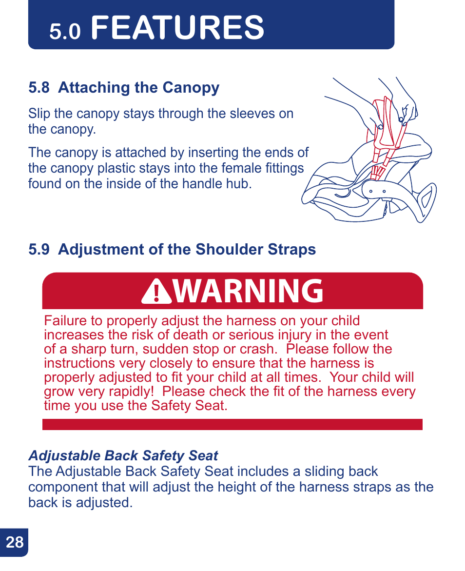 Warning, Features | Baby Trend Flex-Loc Infnat Car Seat CSO190AD809 User Manual | Page 28 / 52