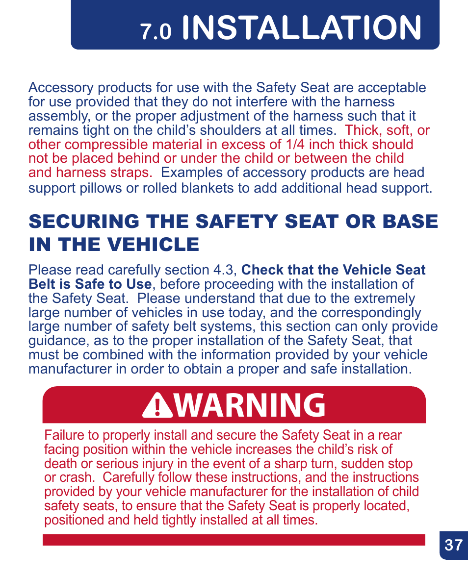 Warning, Installation, Securing the safety seat or base in the vehicle | Baby Trend Flex-Loc Infnat Car Seat CSO190AD809 User Manual | Page 37 / 52