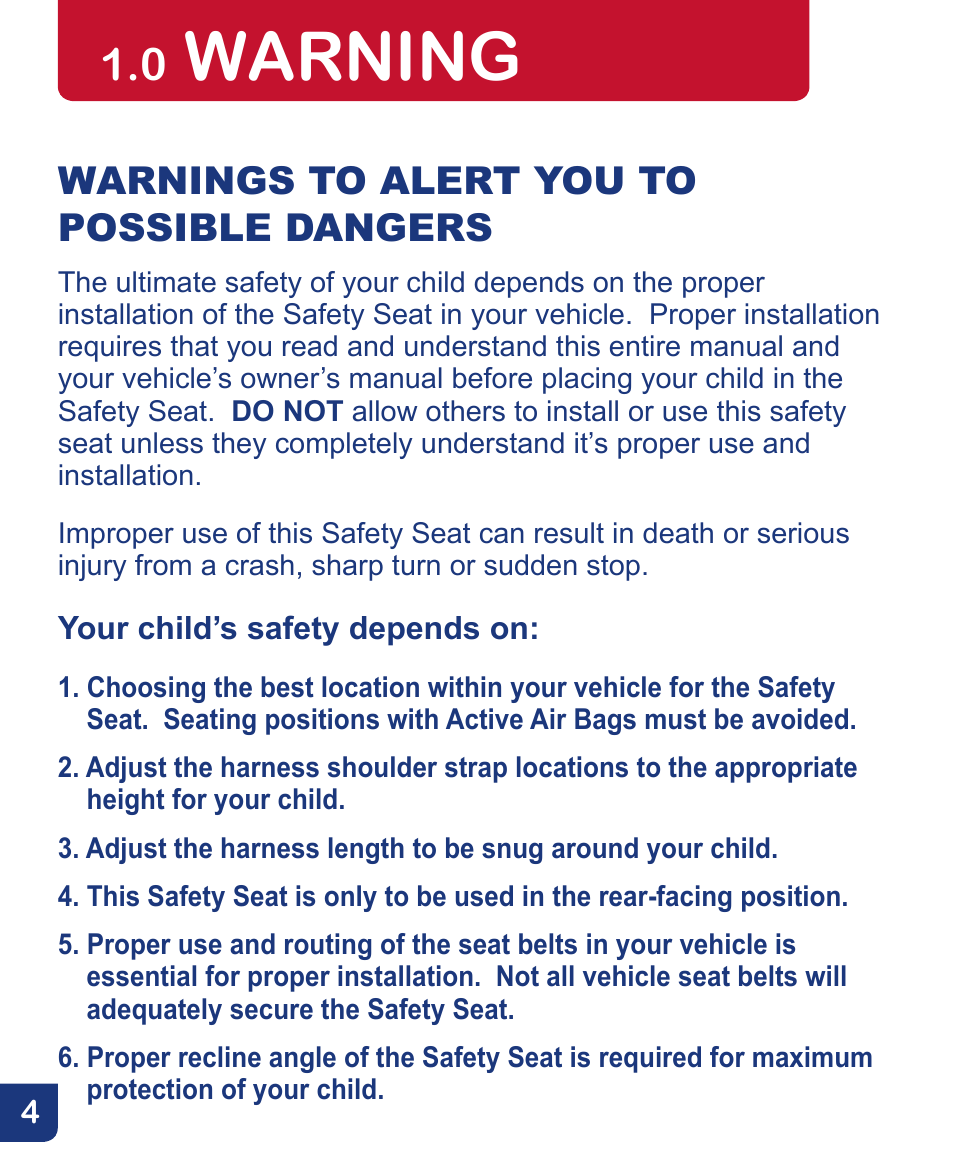 Warning, Warnings to alert you to possible dangers | Baby Trend Flex-Loc Infnat Car Seat CSO190AD809 User Manual | Page 4 / 52