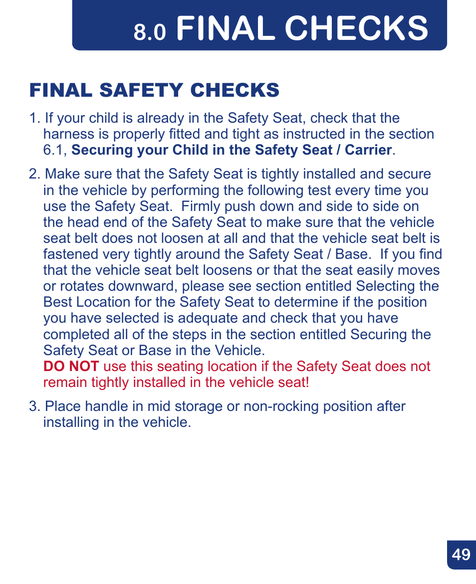 Final checks, Final safety checks | Baby Trend Flex-Loc Infnat Car Seat CSO190AD809 User Manual | Page 49 / 52