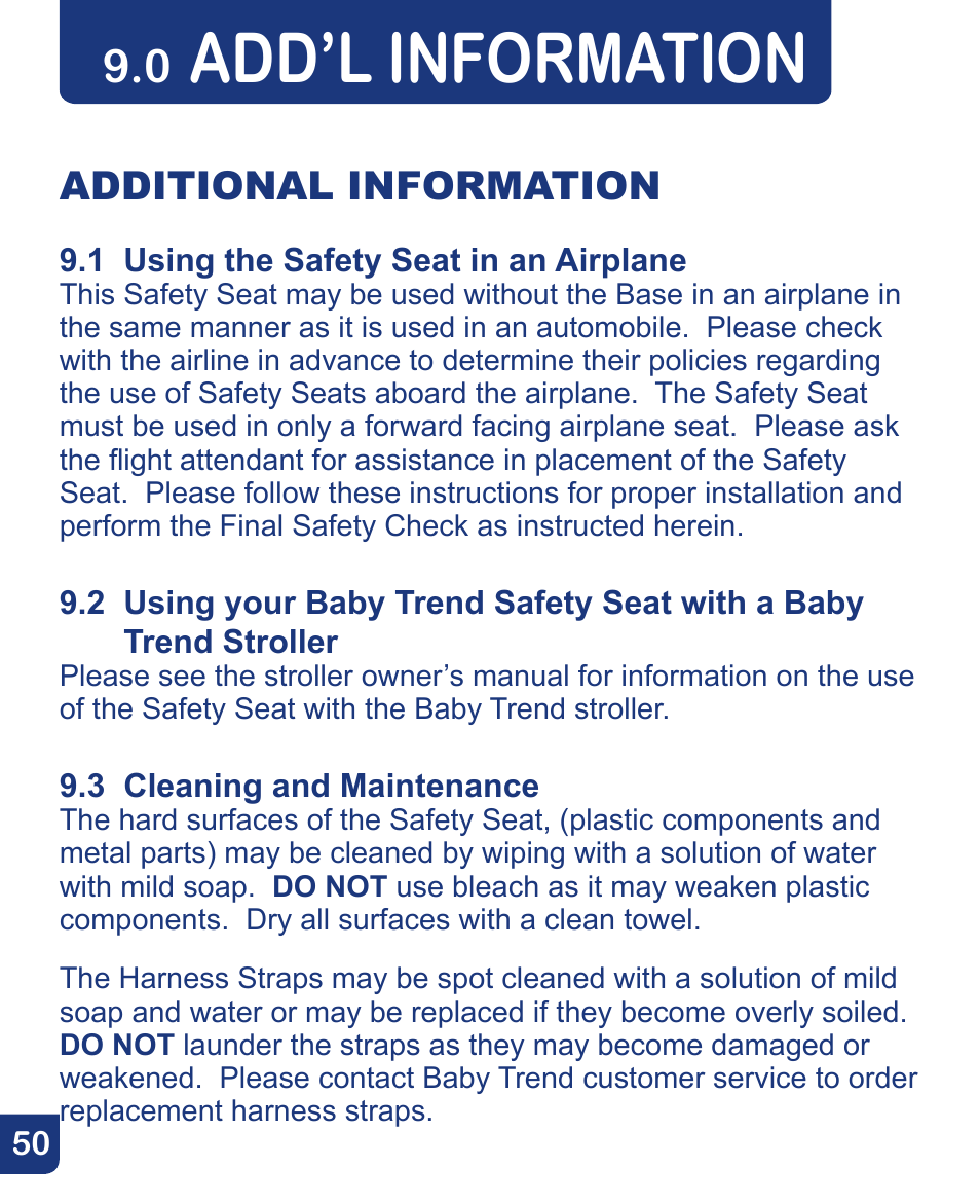 Add’l information, Additional information | Baby Trend Flex-Loc Infnat Car Seat CSO190AD809 User Manual | Page 50 / 52