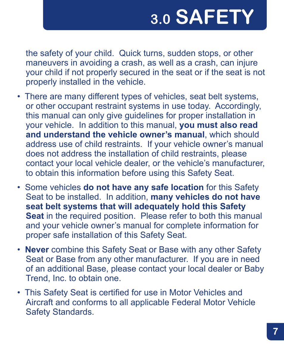 Safety | Baby Trend Flex-Loc Infnat Car Seat CSO190AD809 User Manual | Page 7 / 52