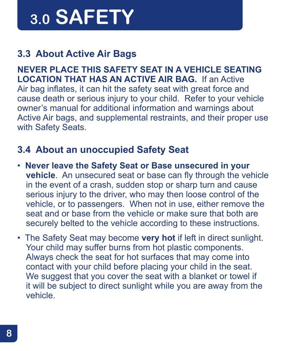 Safety | Baby Trend Flex-Loc Infnat Car Seat CSO190AD809 User Manual | Page 8 / 52