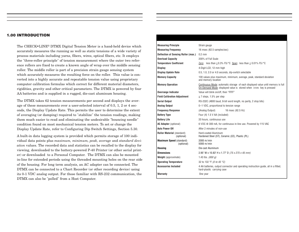 Specifications, 00 introduction | Checkline DTMX User Manual | Page 2 / 17