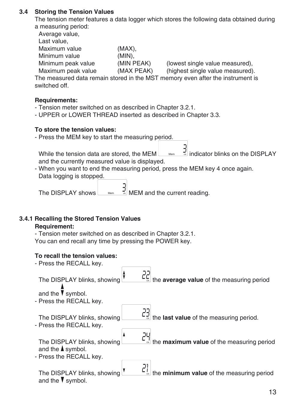 4 storing the tension values, 1 recalling the stored tension values | Checkline MST User Manual | Page 13 / 24