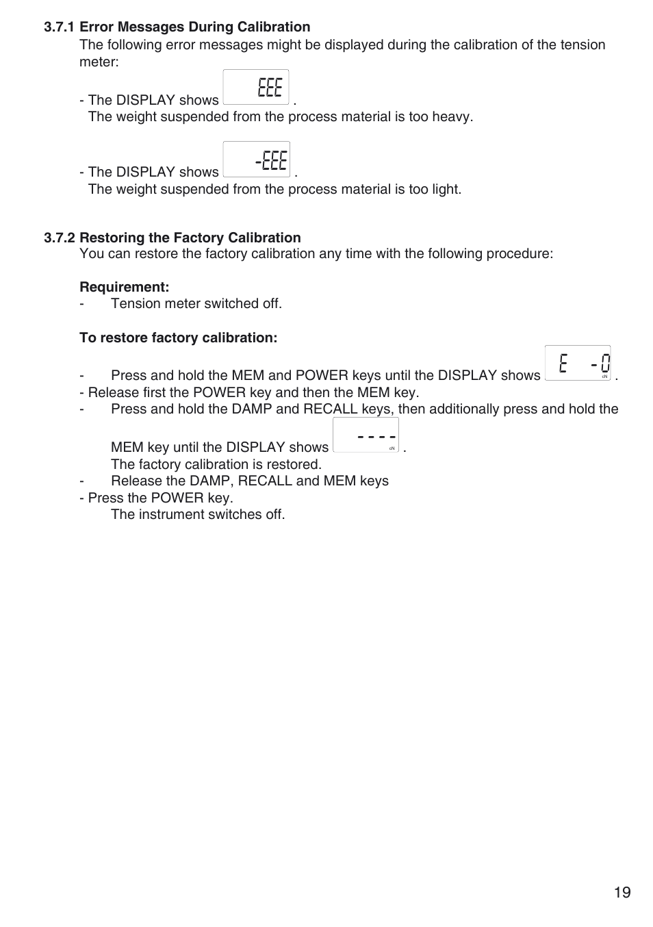 2 restoring the factory calibration, 1 error messages during calibration, E - 0 | Checkline MST User Manual | Page 19 / 24