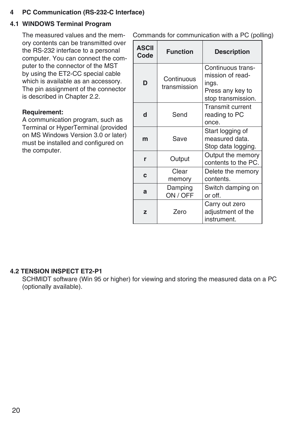 4 pc communication (rs-232-c interface), 1 windows terminal program, 2 tension inspect et2-p1 | Checkline MST User Manual | Page 20 / 24