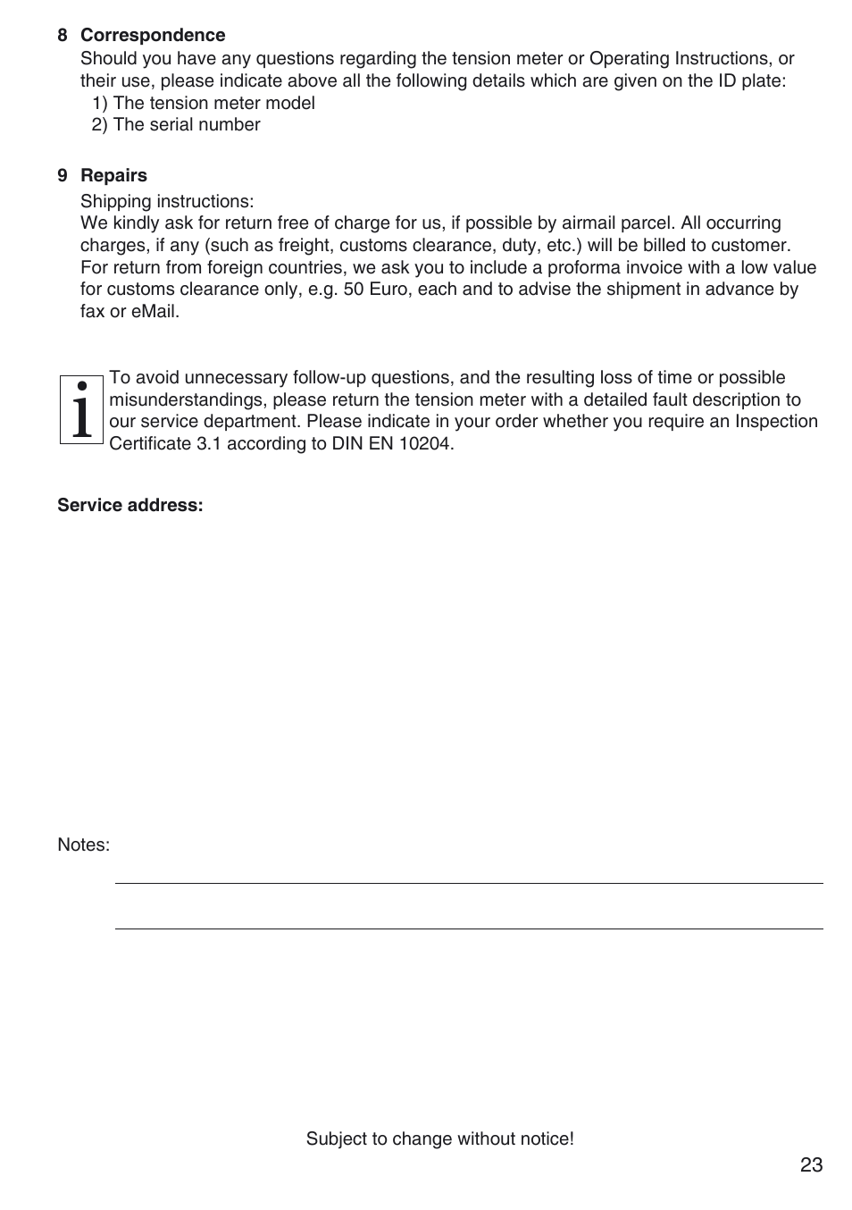 8 correspondence, 9 repairs | Checkline MST User Manual | Page 23 / 24