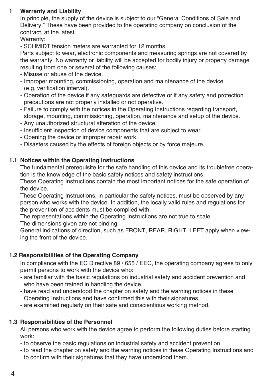 1 warranty and liability, 1 notices within the operating instructions, 2 responsibilities of the operating company | 3 responsibilities of the personnel | Checkline MST User Manual | Page 4 / 24