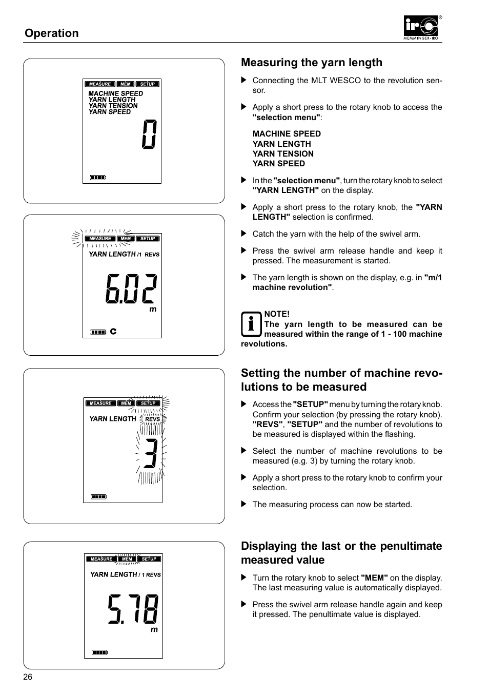 Measuring the yarn length, Operation measuring the yarn length | Checkline MLT User Manual | Page 10 / 18