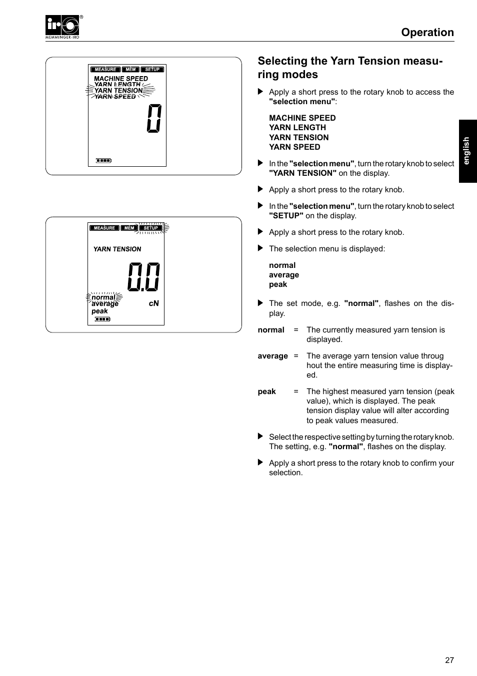 Selecting the yarn tension measuring modes | Checkline MLT User Manual | Page 11 / 18