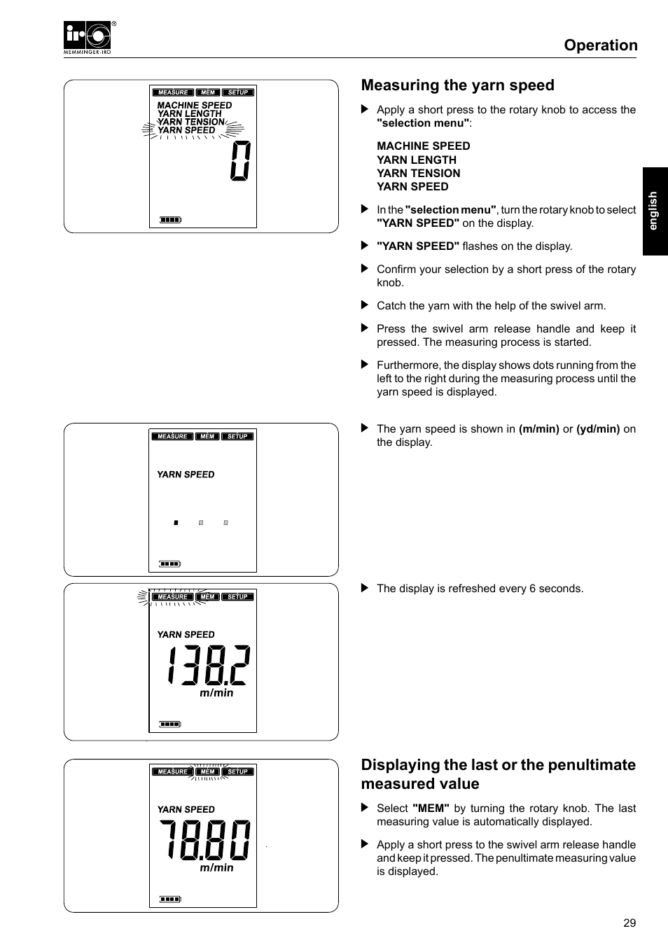 Measuring the yarn speed, Operation measuring the yarn speed | Checkline MLT User Manual | Page 13 / 18