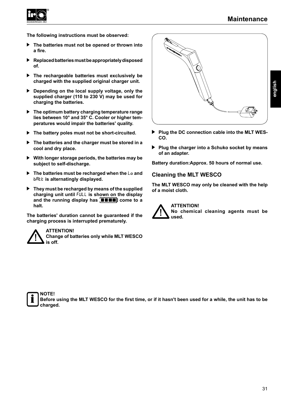 Maintenance, Charging the batteries, Cleaning the mlt wesco | Replacing the batteries, Inserting the batteries | Checkline MLT User Manual | Page 15 / 18
