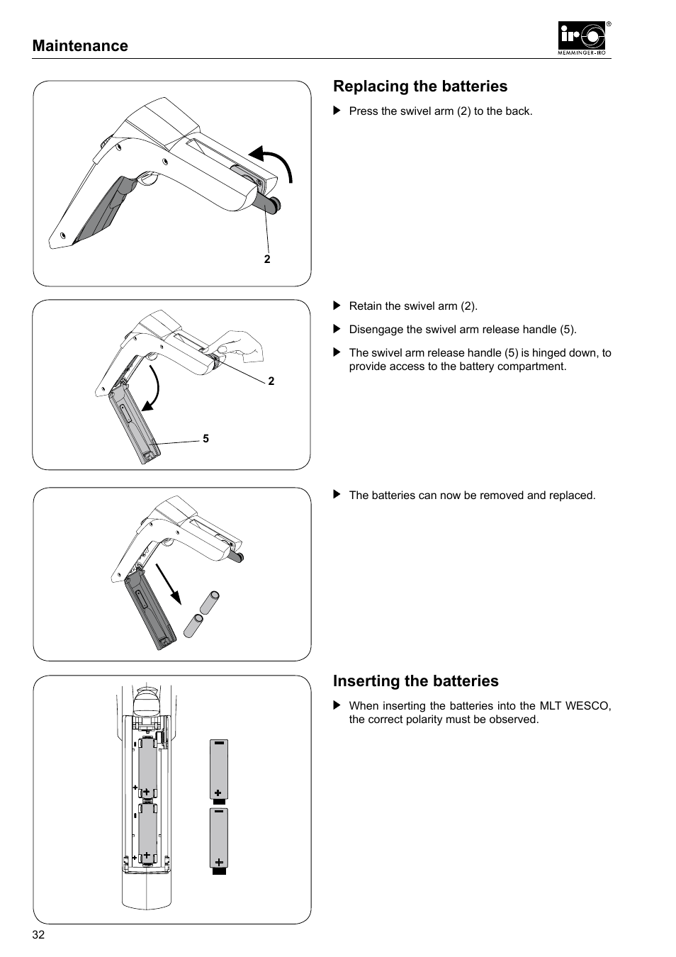 Maintenance, Inserting the batteries, Replacing the batteries | Checkline MLT User Manual | Page 16 / 18