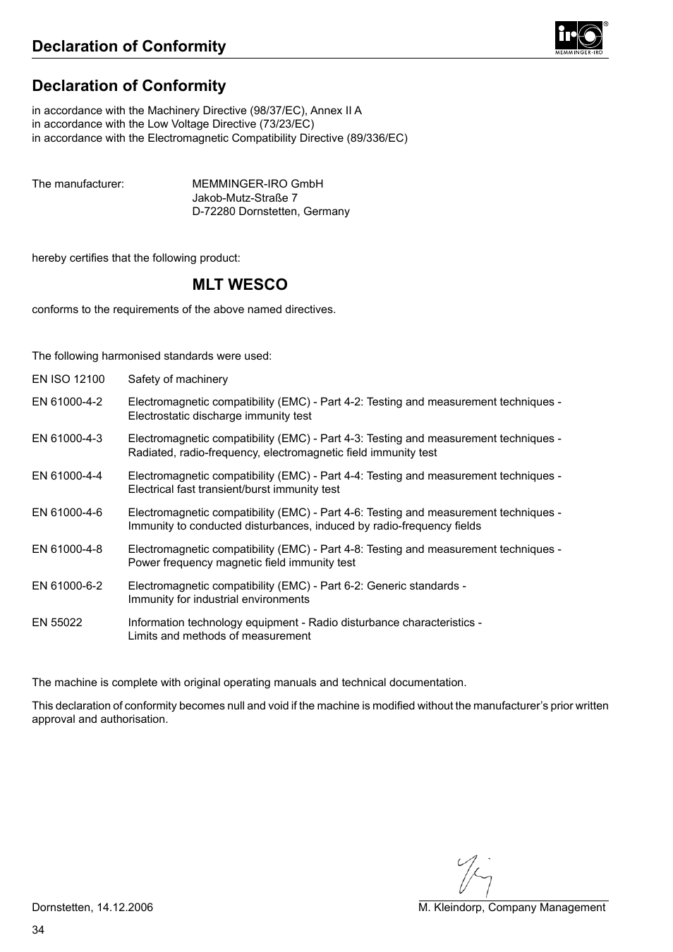 Declaration of conformity, Mlt wesco | Checkline MLT User Manual | Page 18 / 18