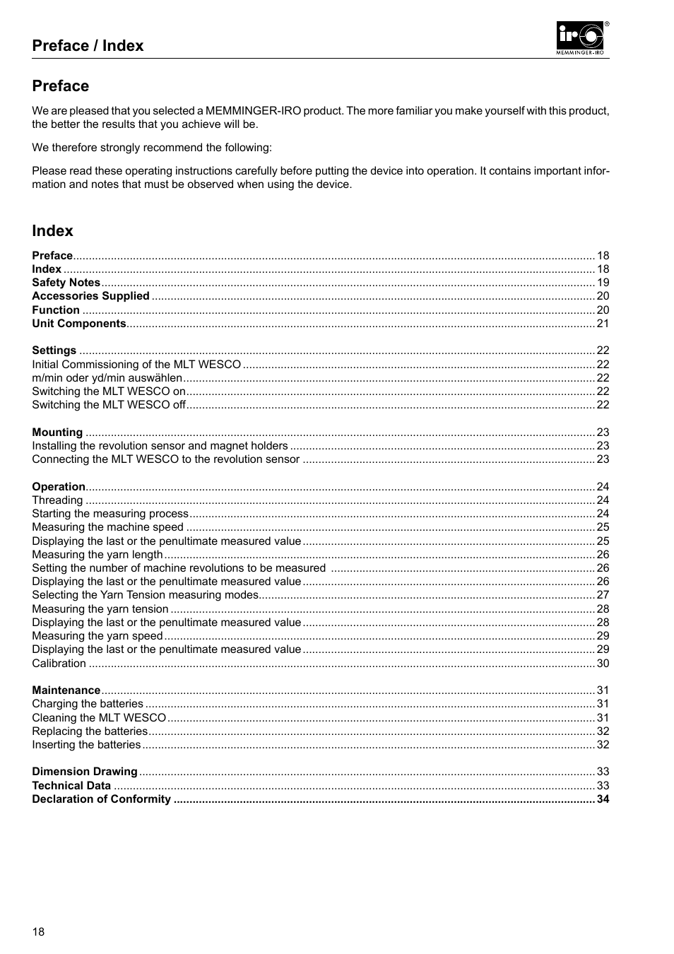 Preface, Index, Preface / index preface | Checkline MLT User Manual | Page 2 / 18