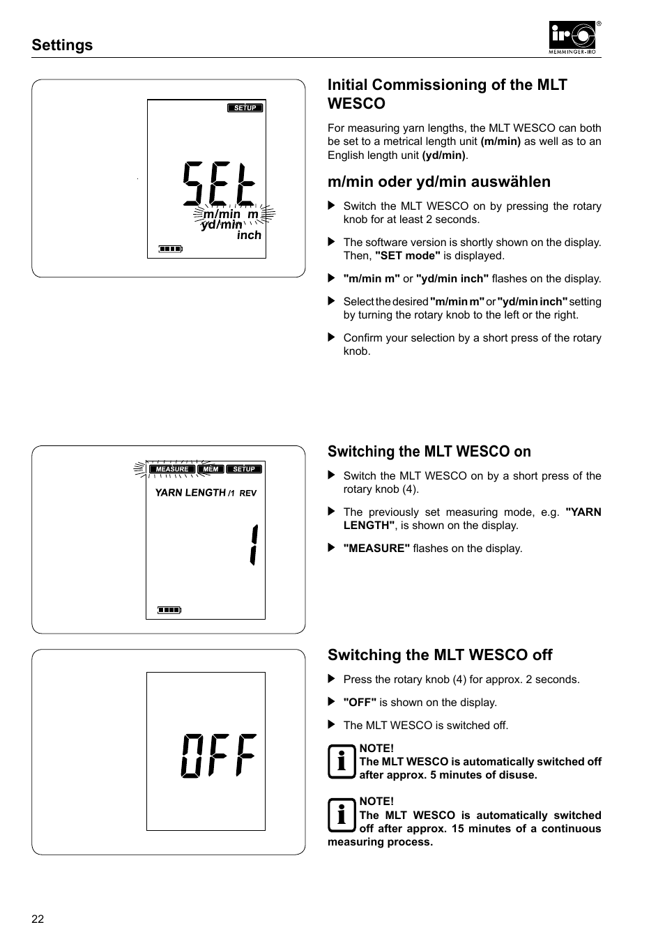 Settings, Initial commissioning of the mlt wesco, Switching the mlt wesco on | Switching the mlt wesco off, Settings switching the mlt wesco on, M/min oder yd/min auswählen | Checkline MLT User Manual | Page 6 / 18