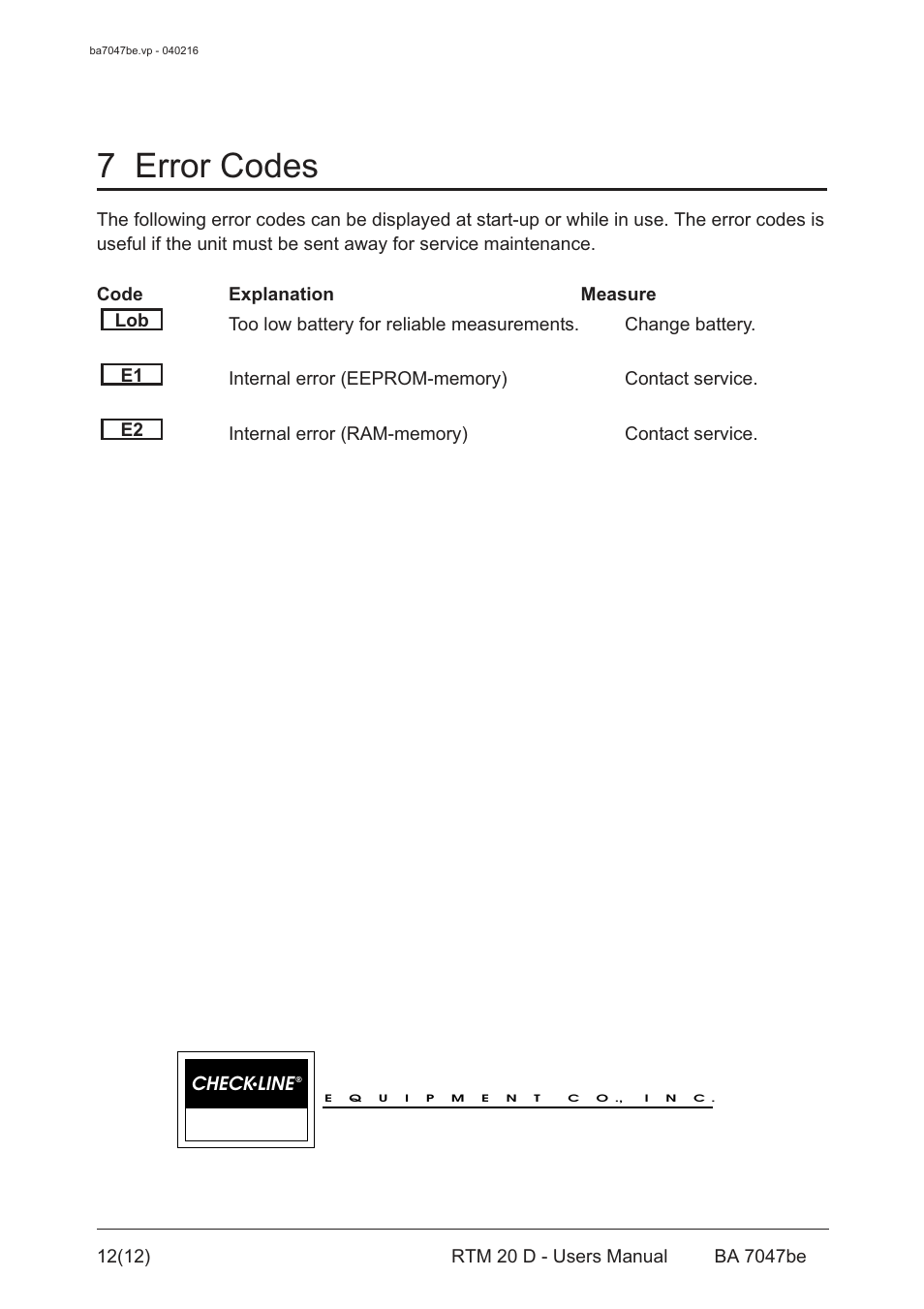 Electromatic, 7 error codes | Checkline RTM 20D User Manual | Page 13 / 13