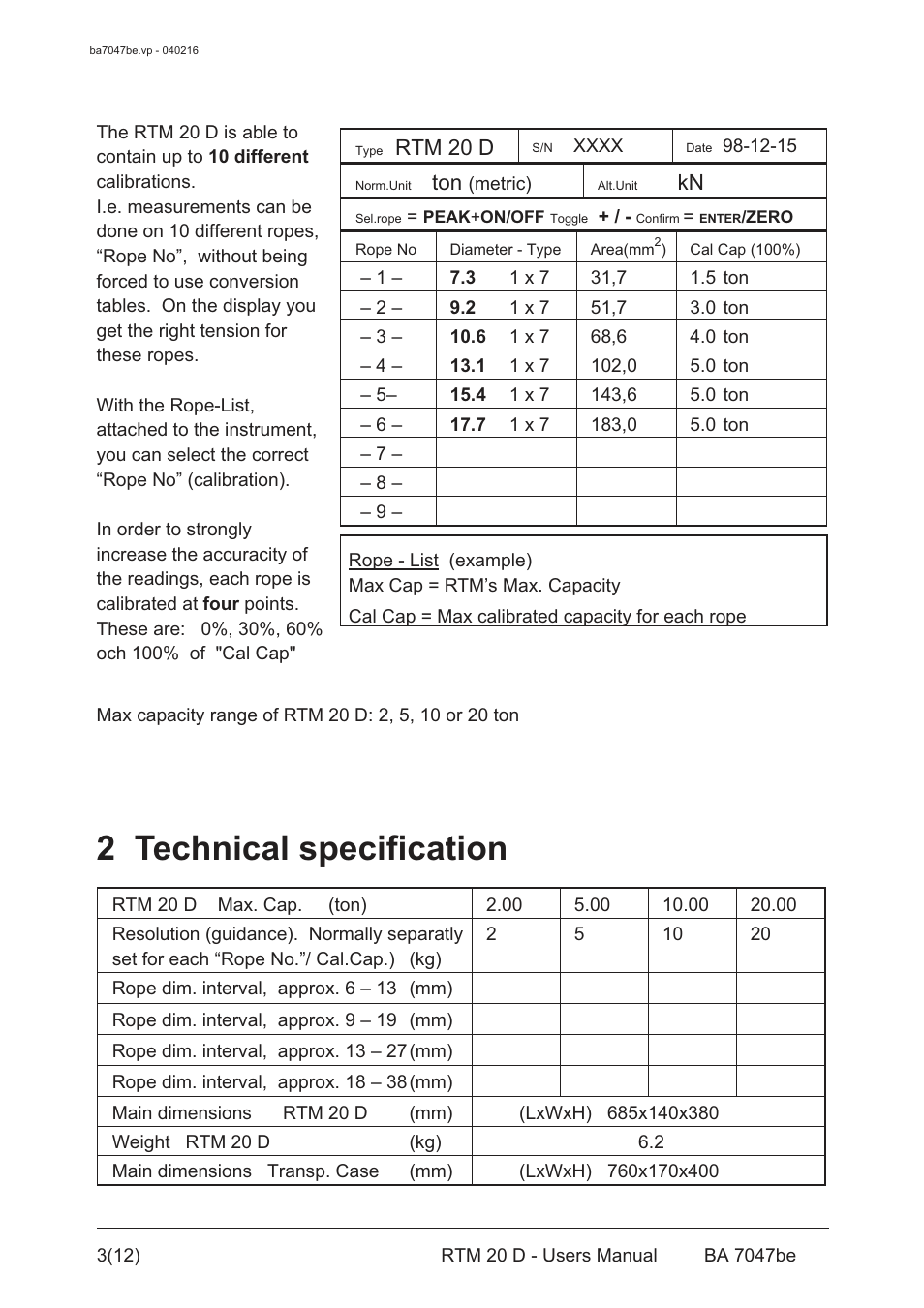 2 technical specification, Rtm 20 d | Checkline RTM 20D User Manual | Page 4 / 13
