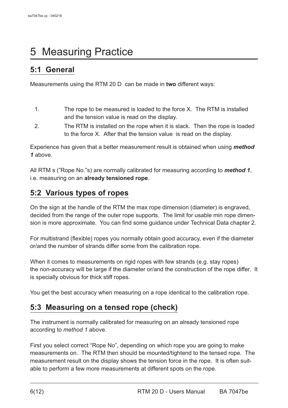 5 measuring practice, 1 general, 2 various types of ropes | 3 measuring on a tensed rope (check) | Checkline RTM 20D User Manual | Page 7 / 13