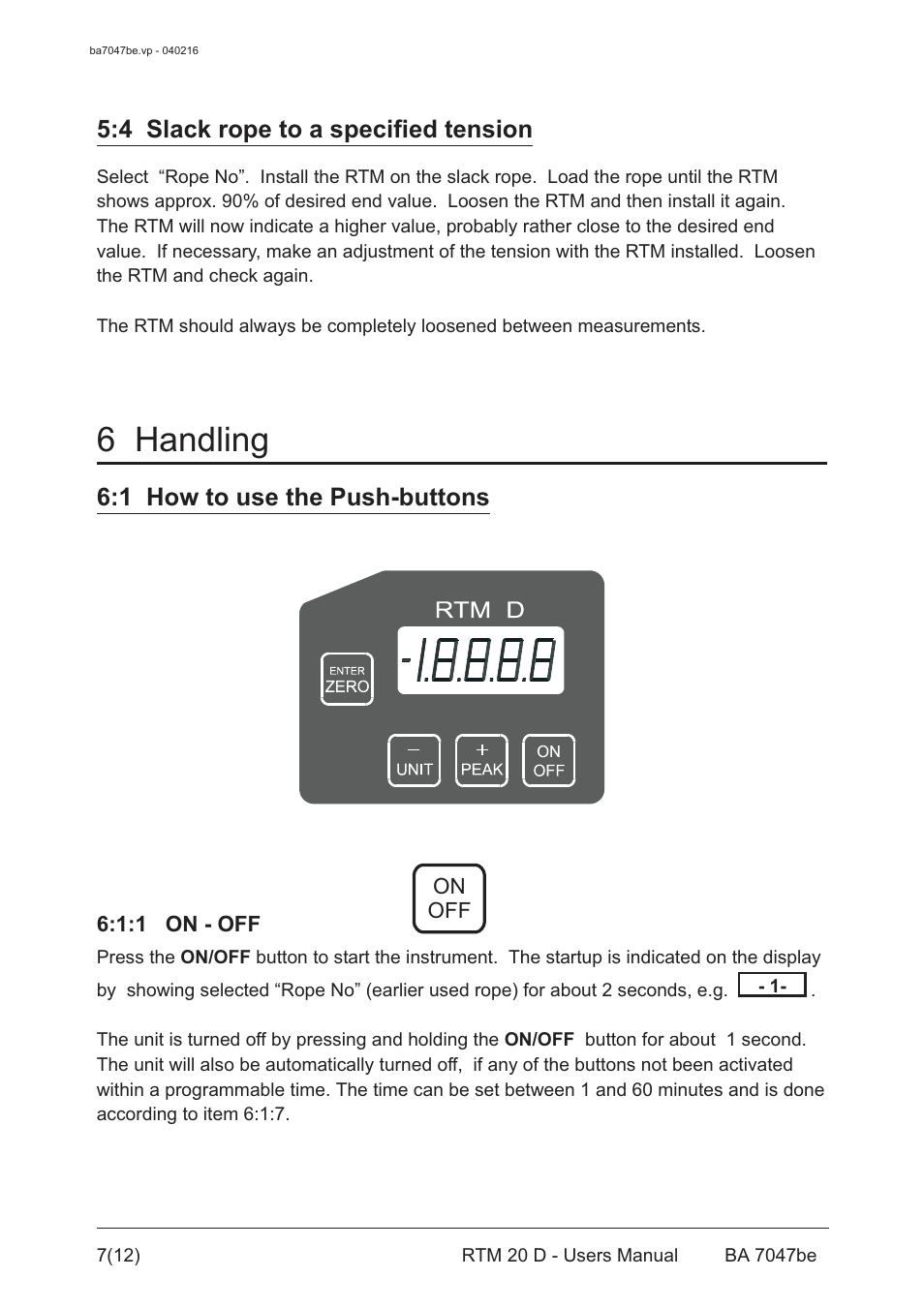 6 handling, 4 slack rope to a specified tension, 1 how to use the push-buttons | Checkline RTM 20D User Manual | Page 8 / 13