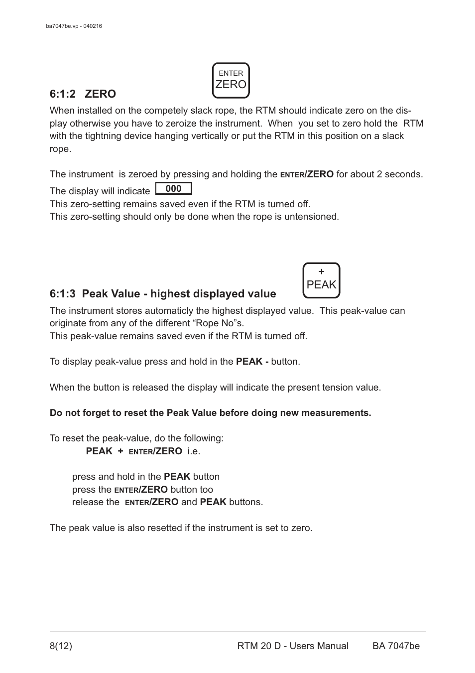 1:2 zero, 1:3 peak value - highest displayed value, Peak | Zero | Checkline RTM 20D User Manual | Page 9 / 13