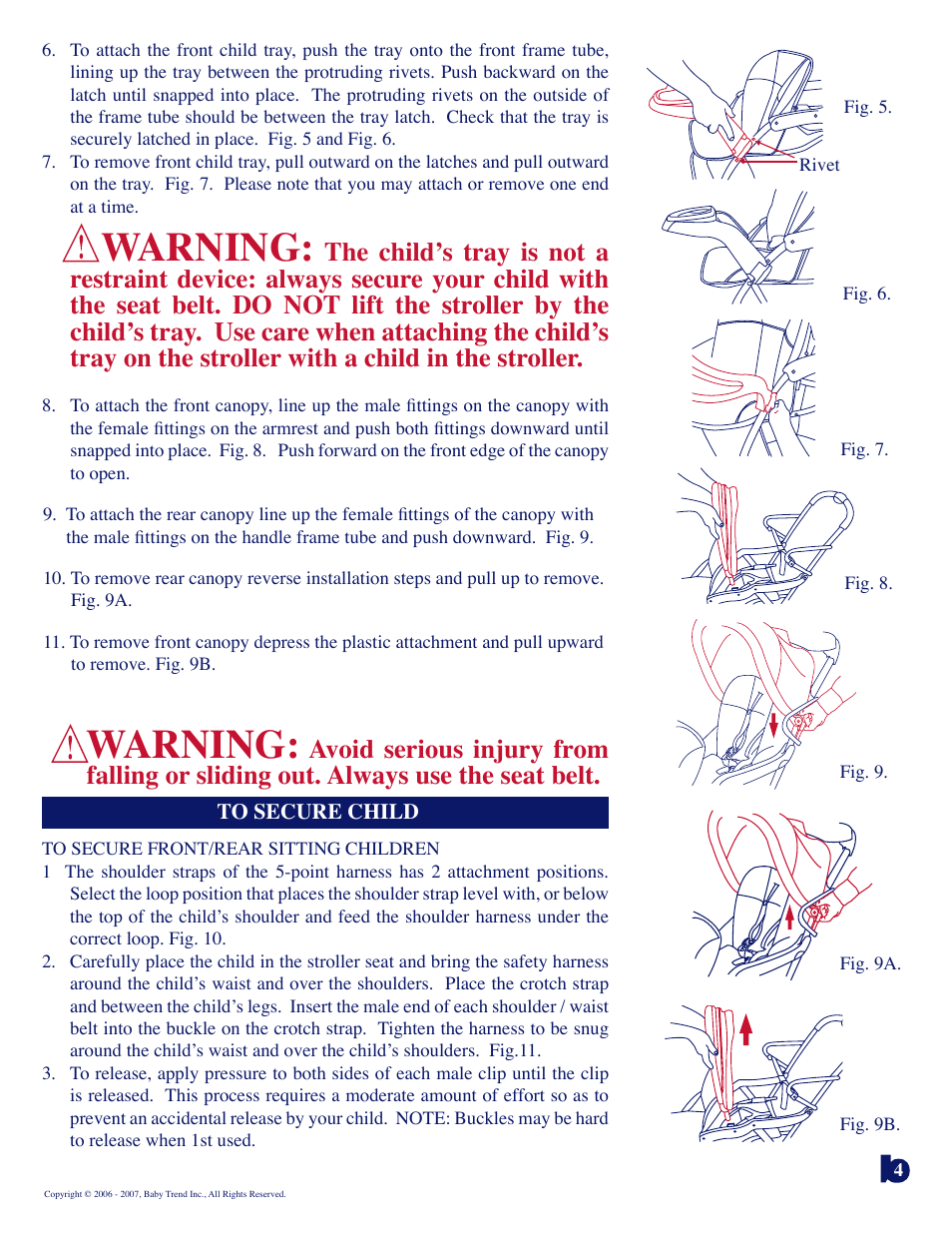 Warning | Baby Trend Sit n Stand Plus 11.07 User Manual | Page 4 / 9