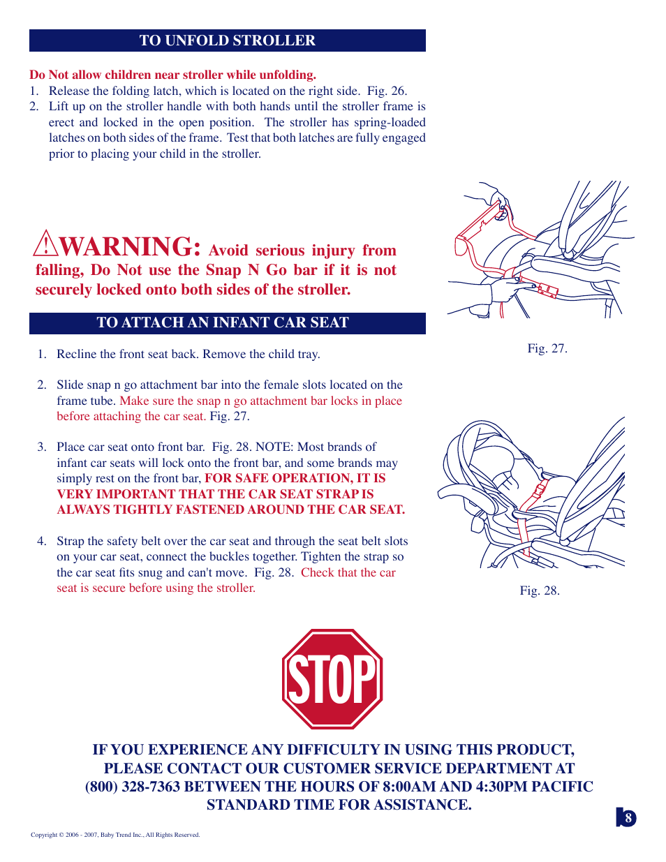 Stop, Warning | Baby Trend Sit n Stand Plus 11.07 User Manual | Page 8 / 9