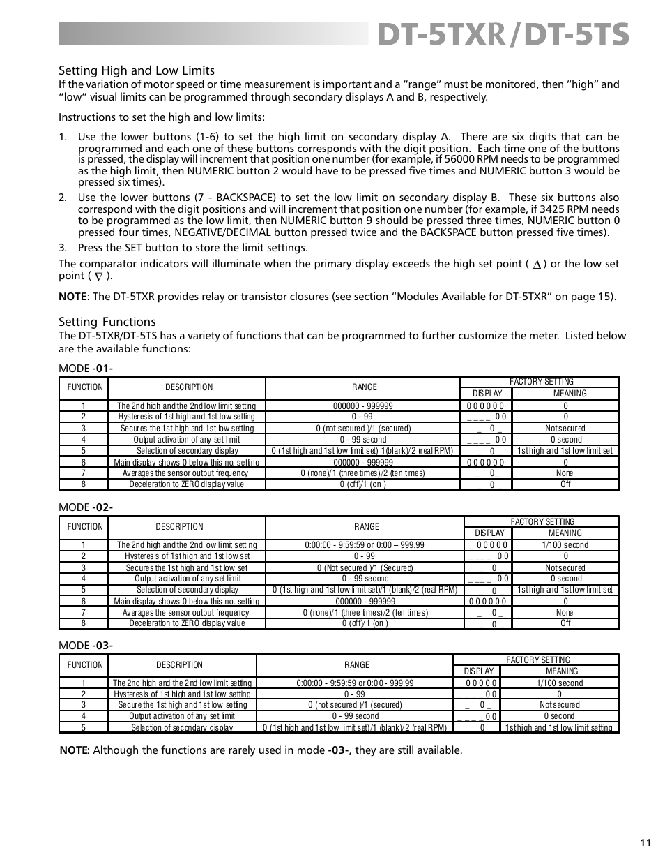 Setting high and low limits, Setting functions | Checkline DT-5TS User Manual | Page 11 / 20