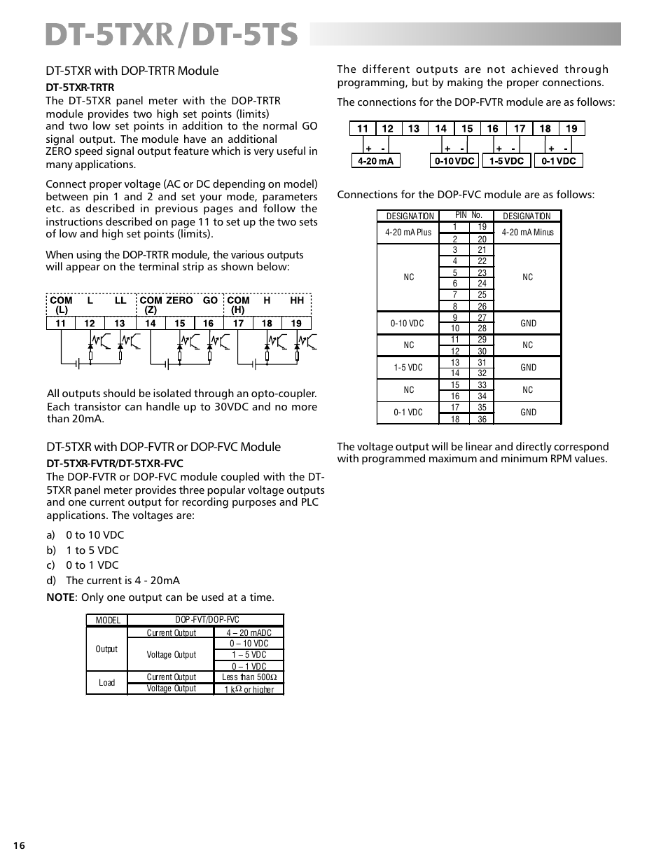 Dt-5txr with dop-trtr module, Dt-5txr with dop-fvtr or dop-fvc module | Checkline DT-5TS User Manual | Page 16 / 20