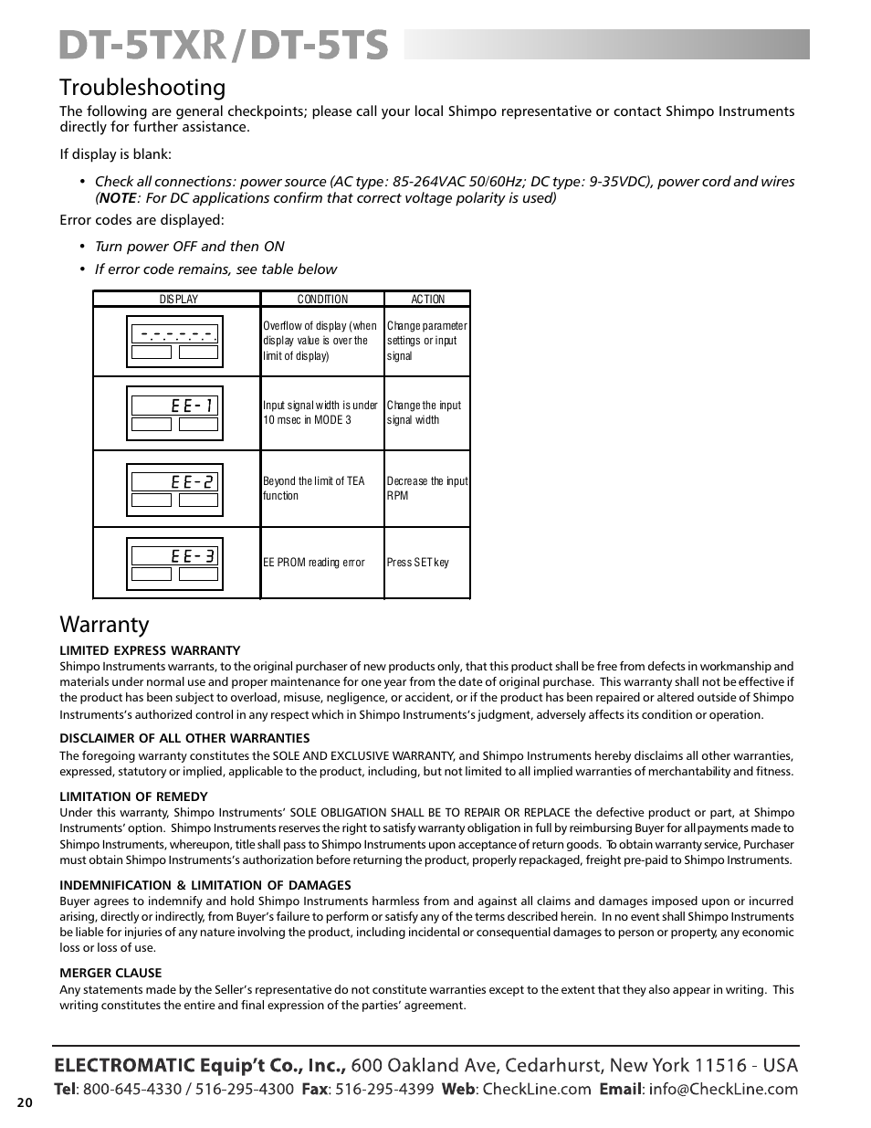 Warranty, Troubleshooting | Checkline DT-5TS User Manual | Page 20 / 20