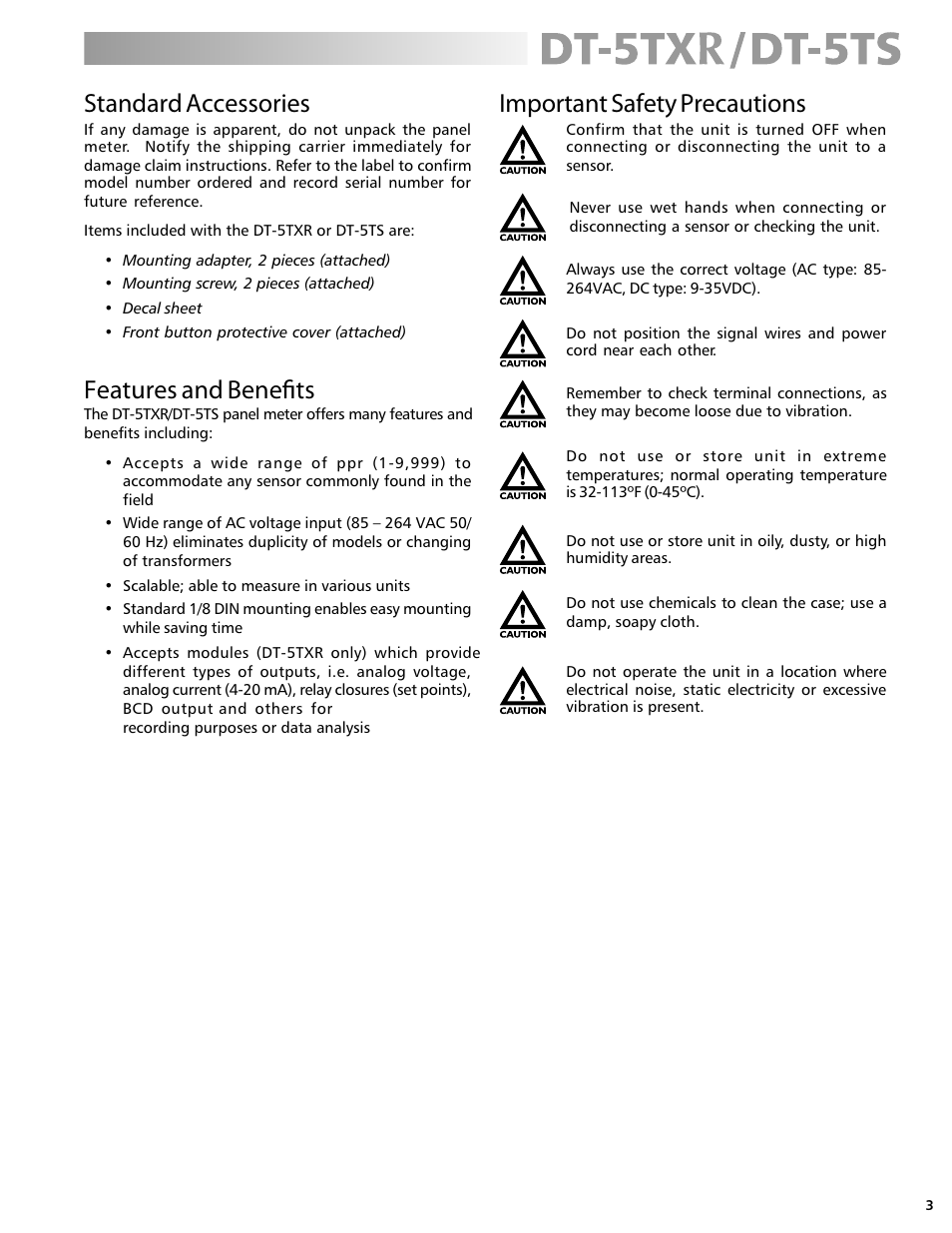 Important safety precautions standard accessories, Features and benefits | Checkline DT-5TS User Manual | Page 3 / 20