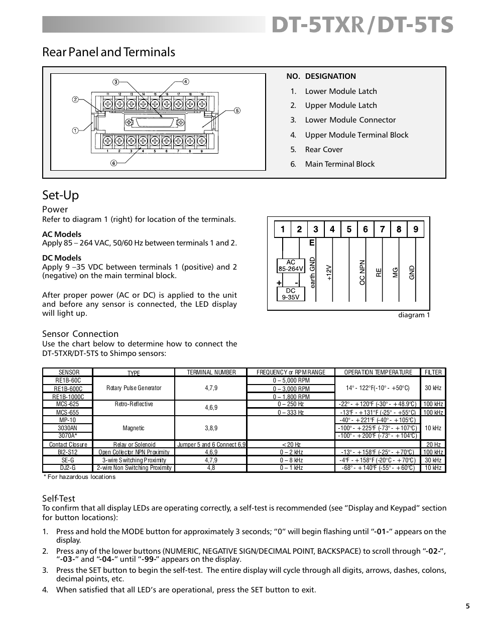 Set-up, Rear panel and terminals, Power | Sensor connection, Self-test | Checkline DT-5TS User Manual | Page 5 / 20