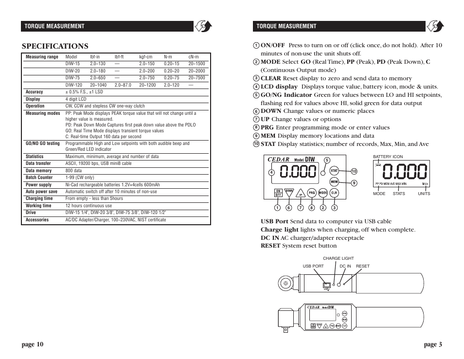 Specifications, Page 3 page 10 | Checkline DIW User Manual | Page 3 / 6