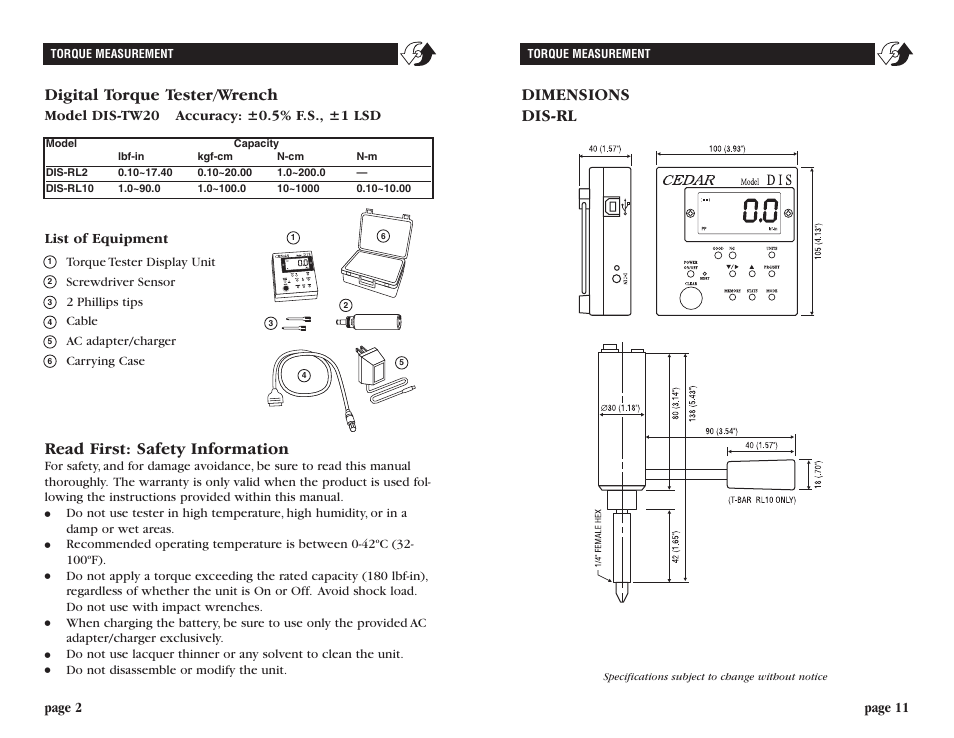 Digital torque tester/wrench, Read first: safety information, Dis-rl | Dimensions | Checkline DIS-RL User Manual | Page 2 / 6