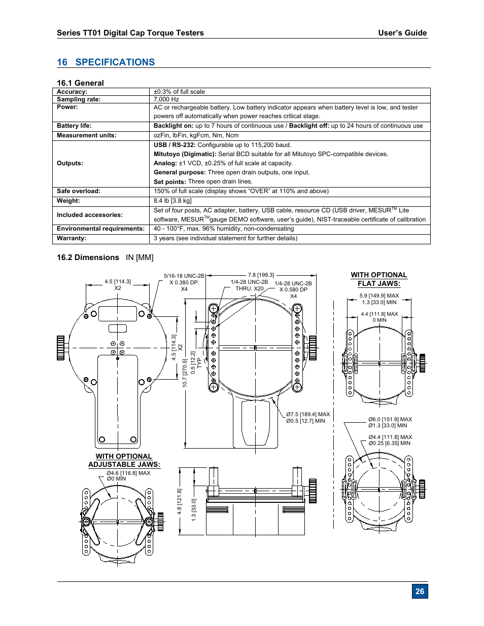 16 specifications, 1 general, 2 dimensions in [mm | Checkline CAP-TT01 User Manual | Page 27 / 28