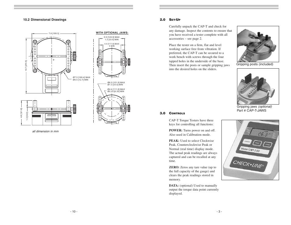 Optional), Part # cap-t-jaws gripping posts (included), 2 dimensional drawings | Checkline CAP-T User Manual | Page 3 / 7