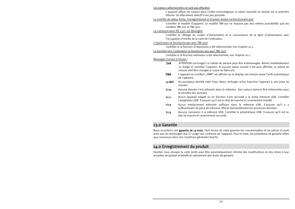 0 garantie, 0 enregistrement du produit | Checkline TMI-300 User Manual | Page 32 / 56