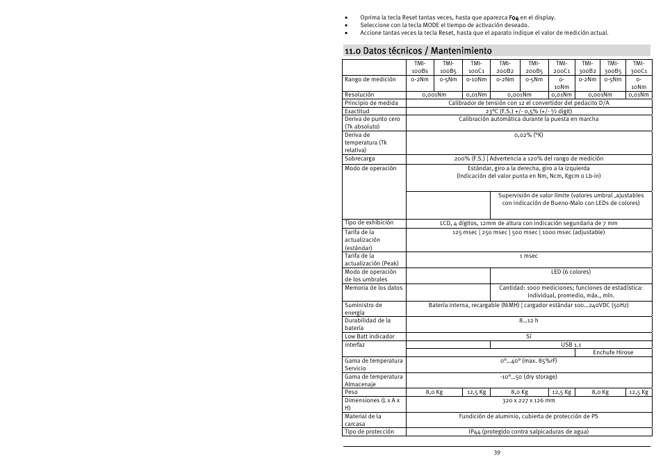 0 datos técnicos / mantenimiento | Checkline TMI-300 User Manual | Page 41 / 56