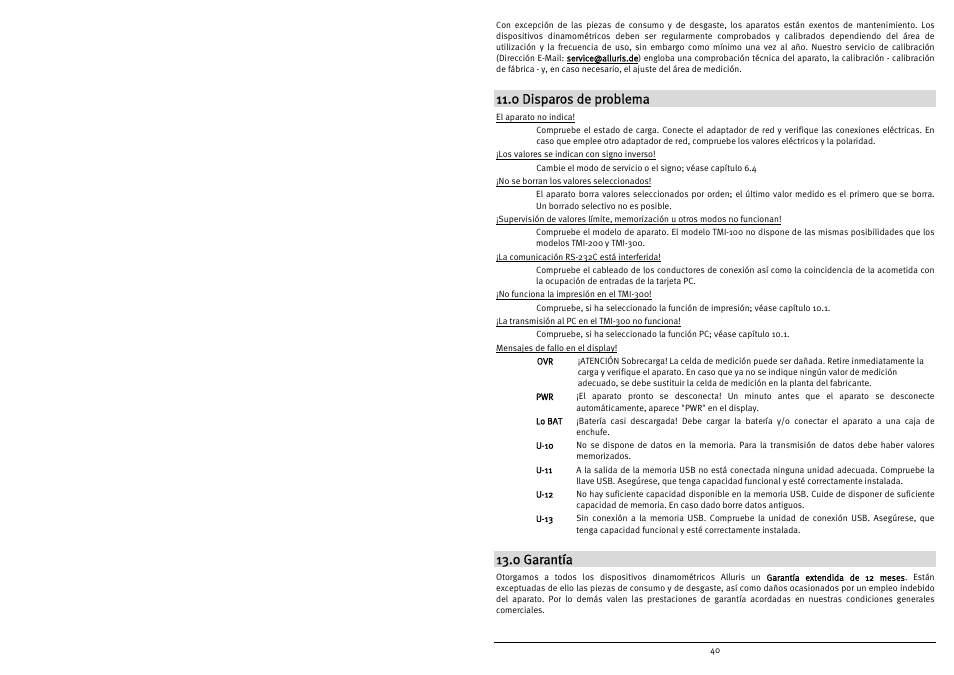 0 disparos de problema, 0 garantía | Checkline TMI-300 User Manual | Page 42 / 56