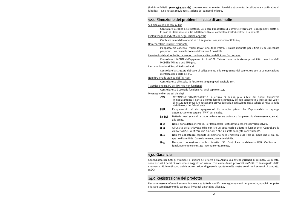 0 rimozione dei problemi in caso di anomalie, 0 garanzia, 0 registrazione del prodotto | Checkline TMI-300 User Manual | Page 53 / 56