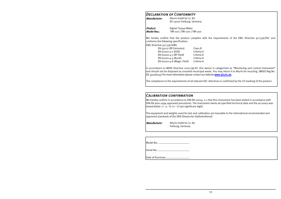 Declaration of conformity, Calibration confirmation | Checkline TMI-300 User Manual | Page 55 / 56