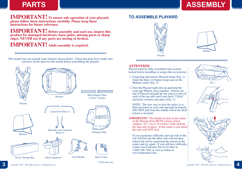 Parts, Assembly, Important | Baby Trend Mini Playard PY90973 User Manual | Page 3 / 8