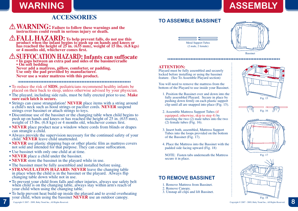 Warning assembly, Warning, Fall hazard | Suffocation hazard, Accessories, Infants can suffocate | Baby Trend Mini Playard PY90973 User Manual | Page 5 / 8