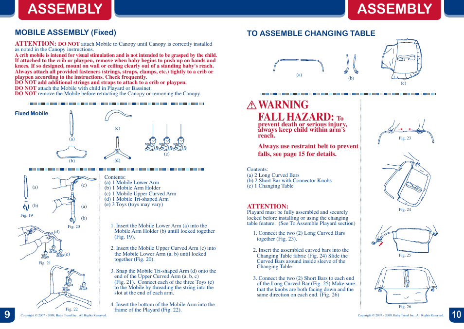 Assembly, Warning fall hazard, Mobile assembly (fixed) | Baby Trend Mini Playard PY90973 User Manual | Page 6 / 8