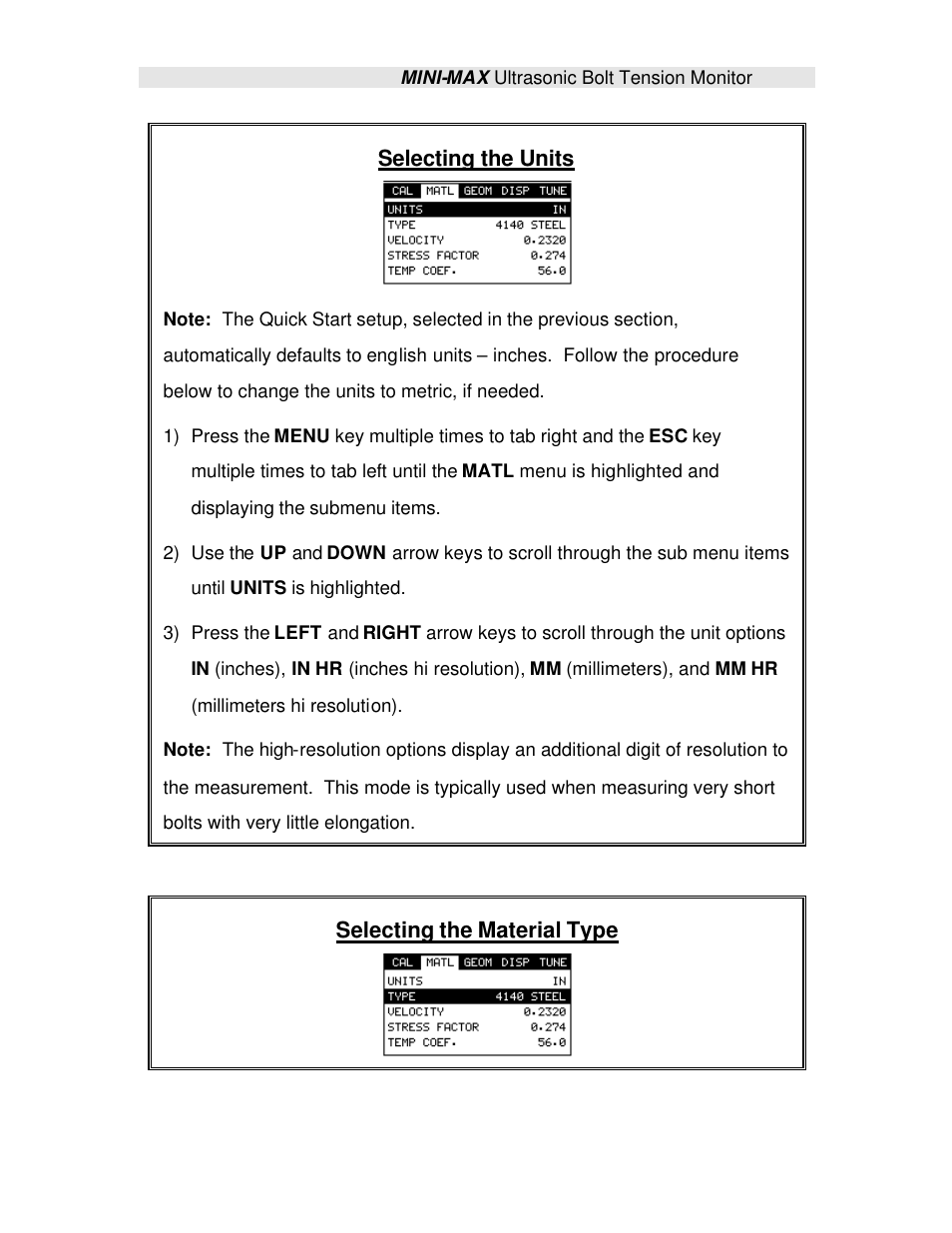 Selecting the units, Selecting the material type | Checkline TI-MINIMAX User Manual | Page 11 / 181