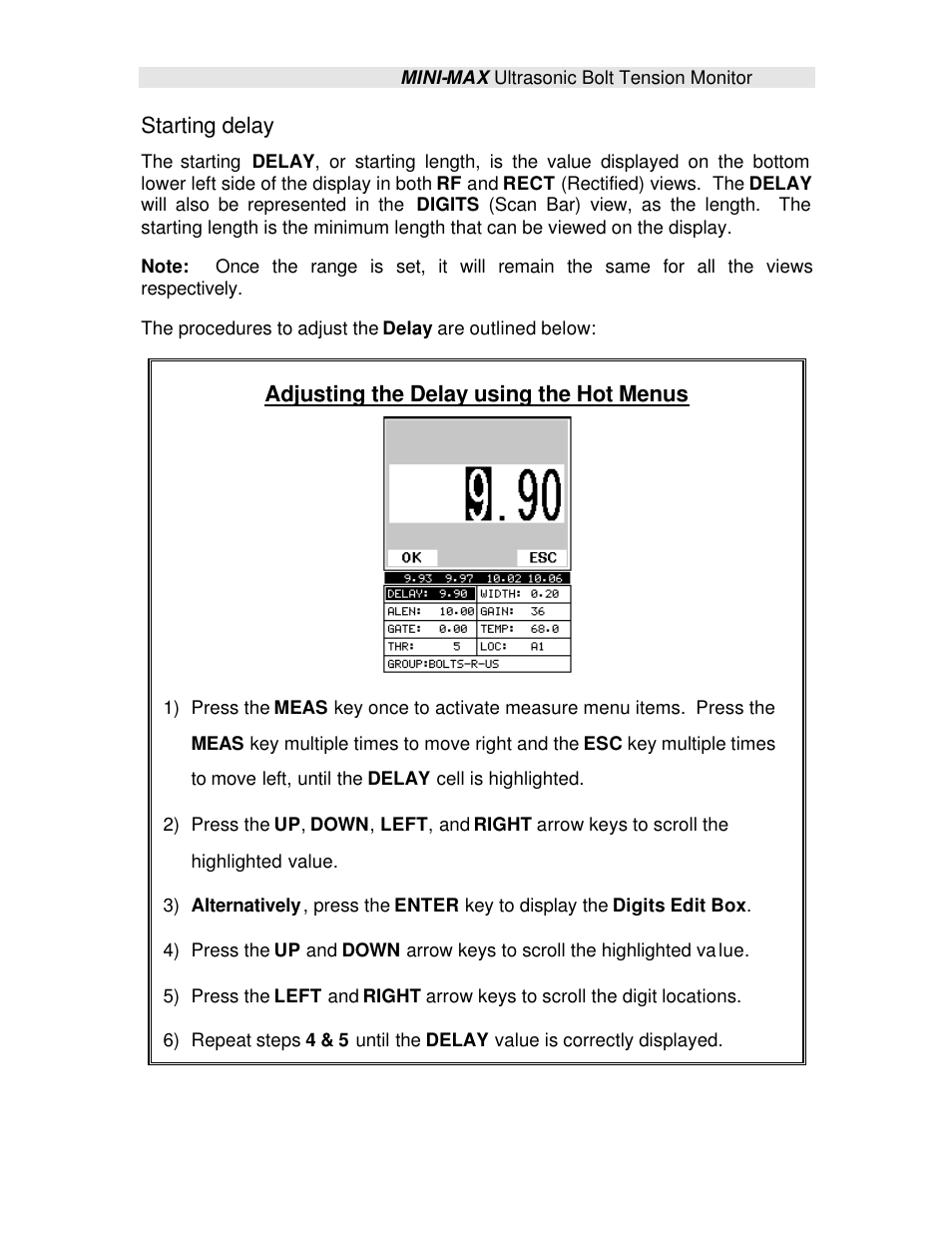 Starting delay, Adjusting the delay using the hot menus | Checkline TI-MINIMAX User Manual | Page 129 / 181