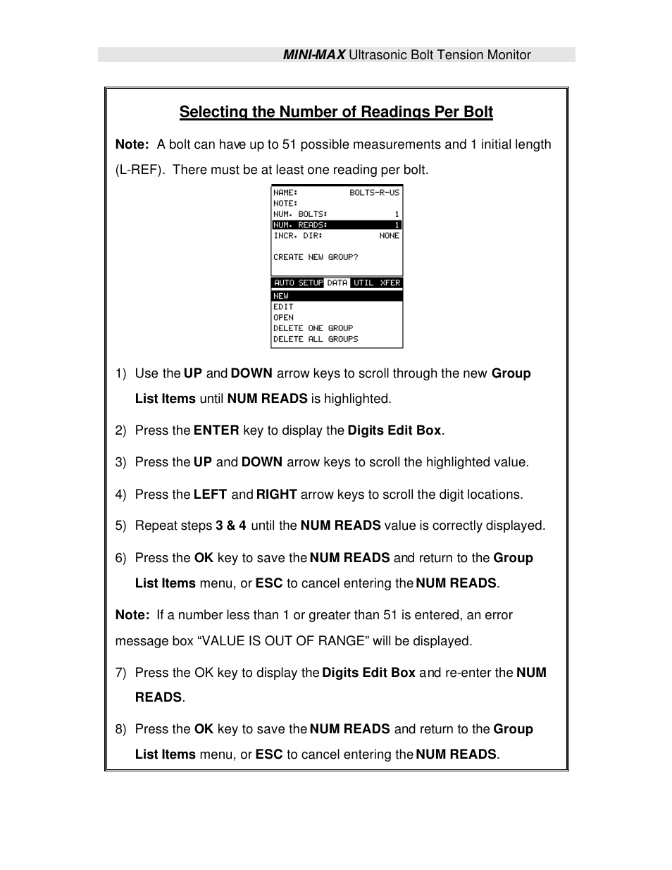 Selecting the number of readings per bolt | Checkline TI-MINIMAX User Manual | Page 161 / 181